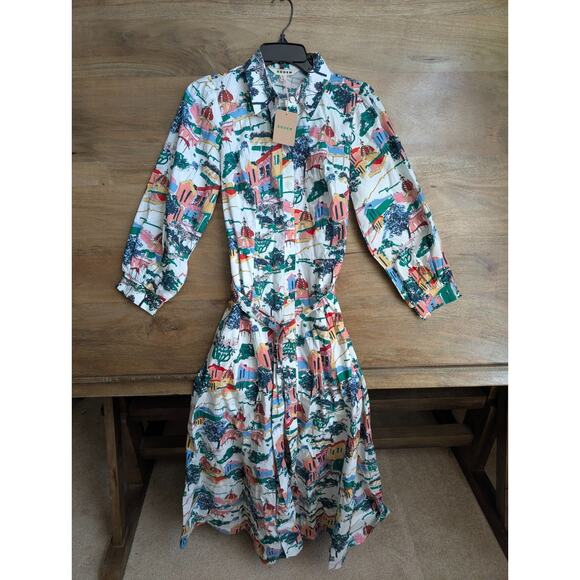 Boden Dress Womens 6R White Green Printed Long Sleeve Collared Button Front - Picture 1 of 3